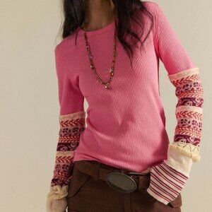 NWOT Free People All in Cuff Boho Waffle Thermal Long Sleeve Tee Blush Pink XS